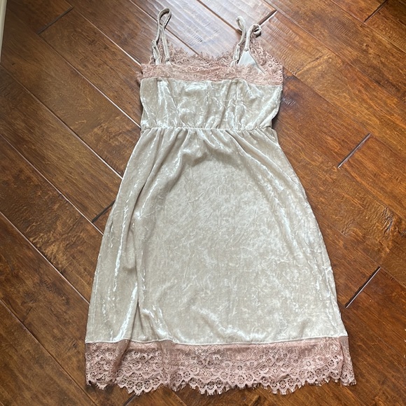 Madison & Berkeley Lace Champagne and Velvet Spaghetti Strap Dress - Picture 7 of 12